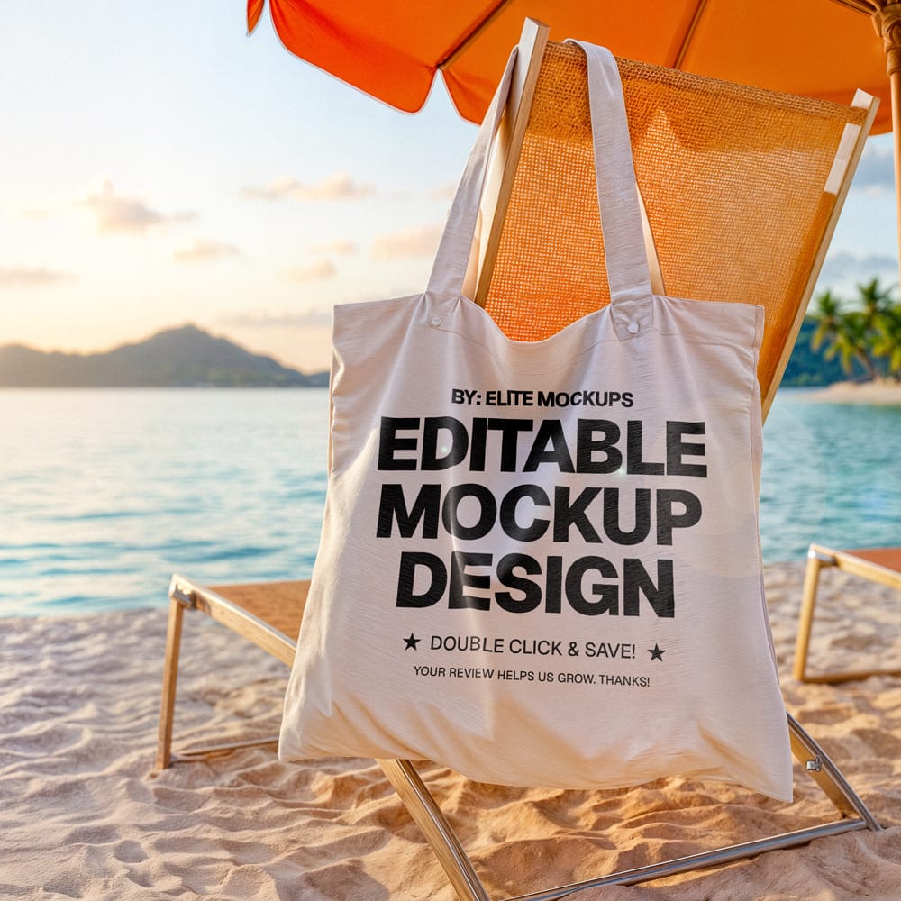Free Tote Bag Mockup Hanging on a Beach Chair PSD