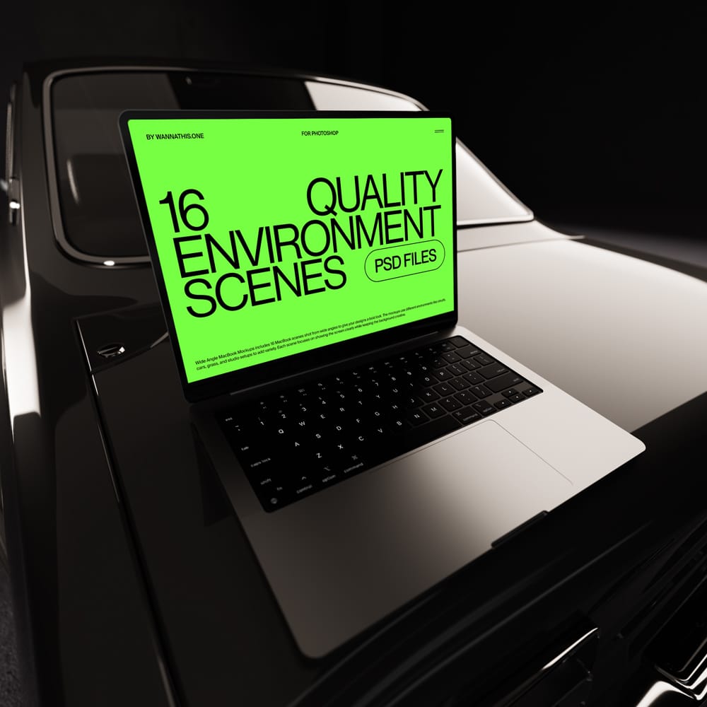 Free Wide Screen MacBook Mockup on a Vintage Car PSD