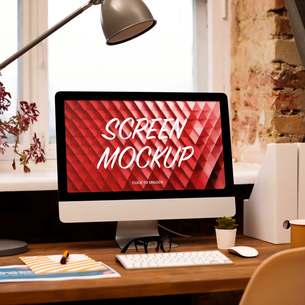 Free iMac on Wooden Desk Mockup PSD