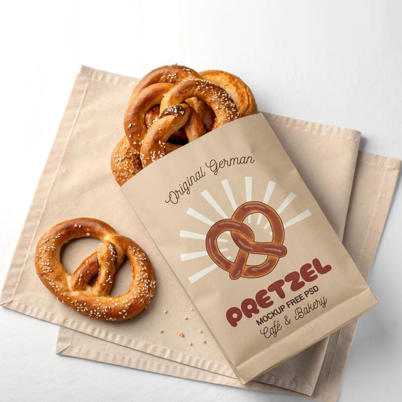 Kraft Paper Bag with Honey Mustard Pretzel Mockup PSD
