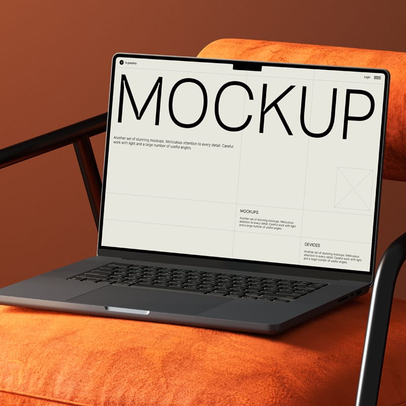 MacBook Mockup on Luxe Velvet Chair PSD