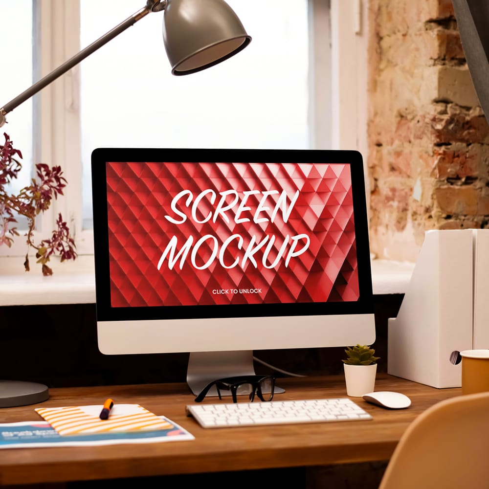 iMac on Wooden Desk Mockup PSD