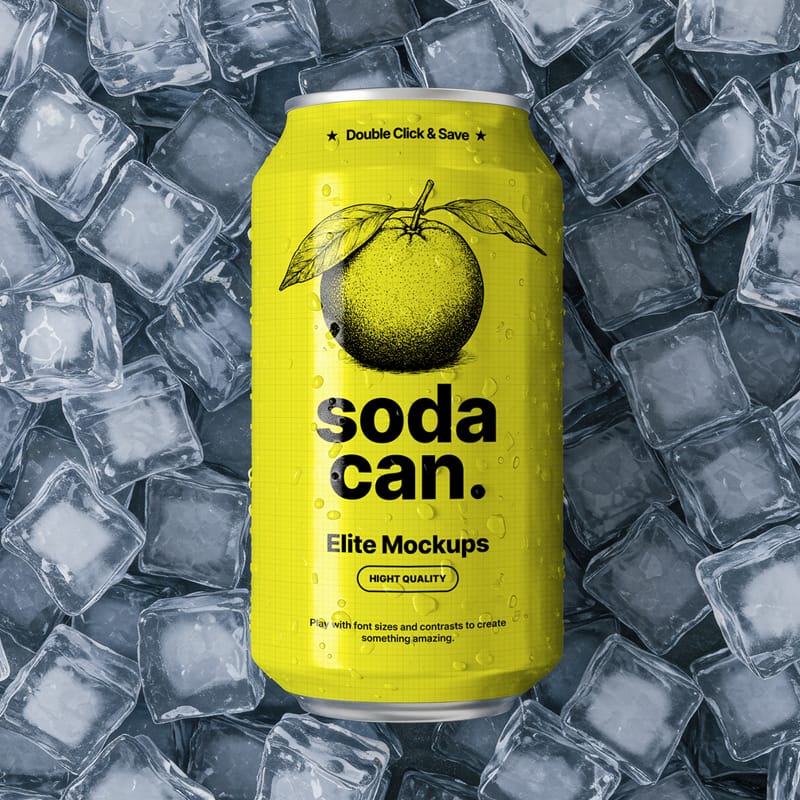 Chilled Soda Can Mockup on Ice PSD