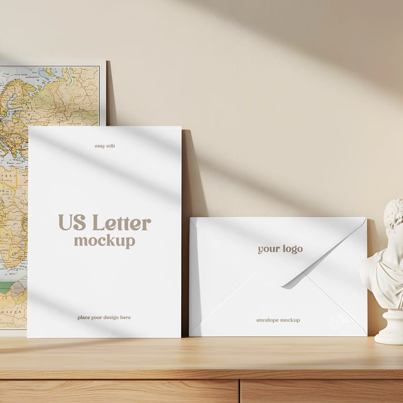 Envelope and Papers with Bust Mockup PSD