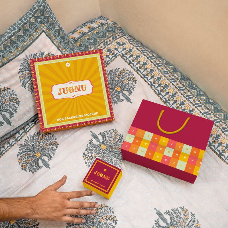 Festive Paper Bag and Boxes Mockup PSD