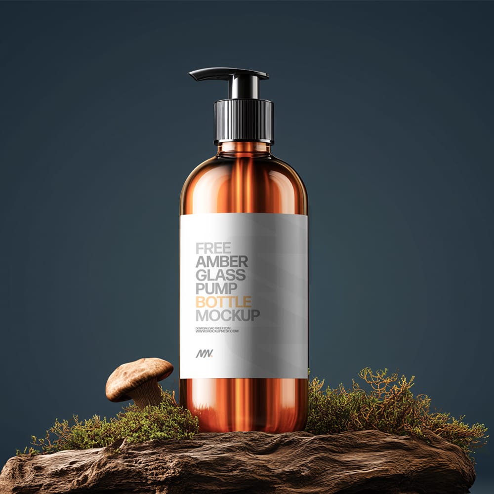 Free Amber Bottle with Pump Mockup on Rustic Wood PSD