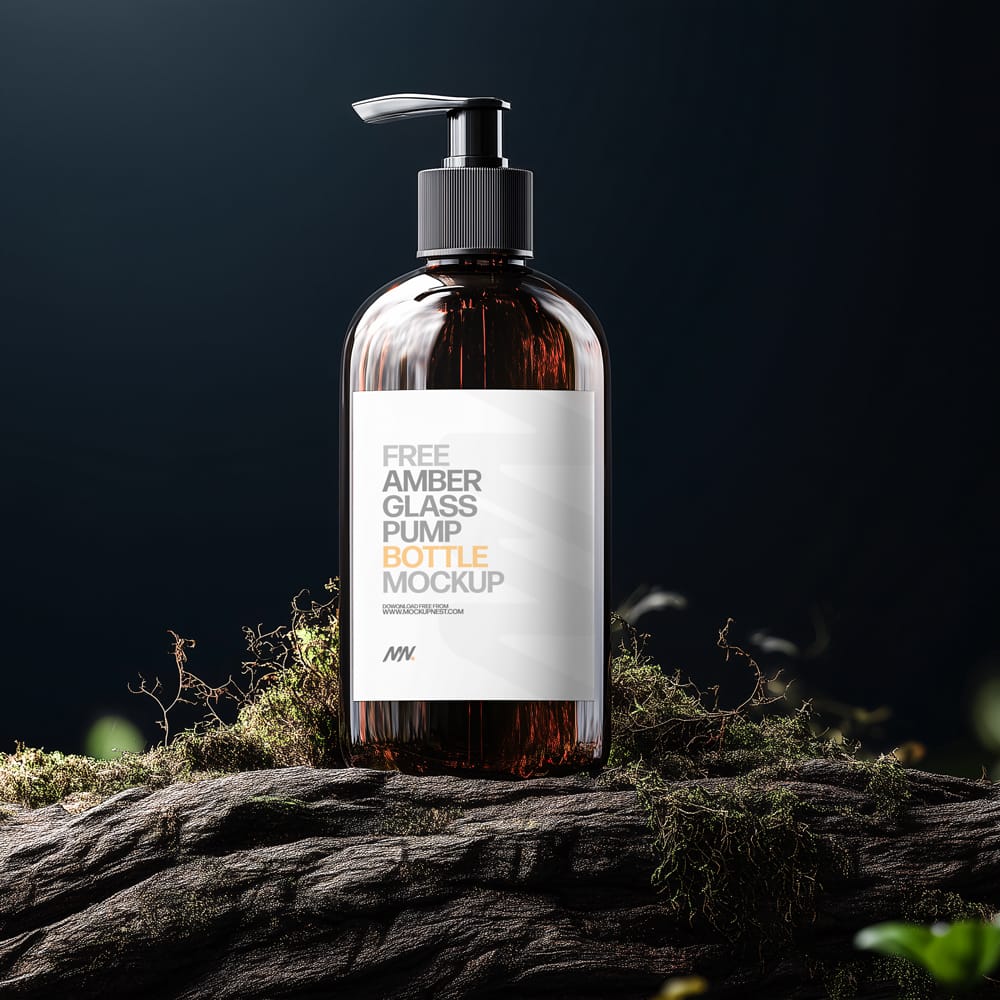 Free Amber Glass Pump Bottle Mockup PSD