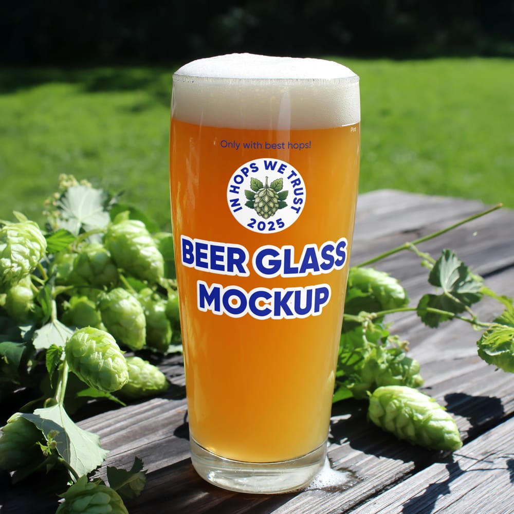 Free Beer Pint with Hops Mockup PSD