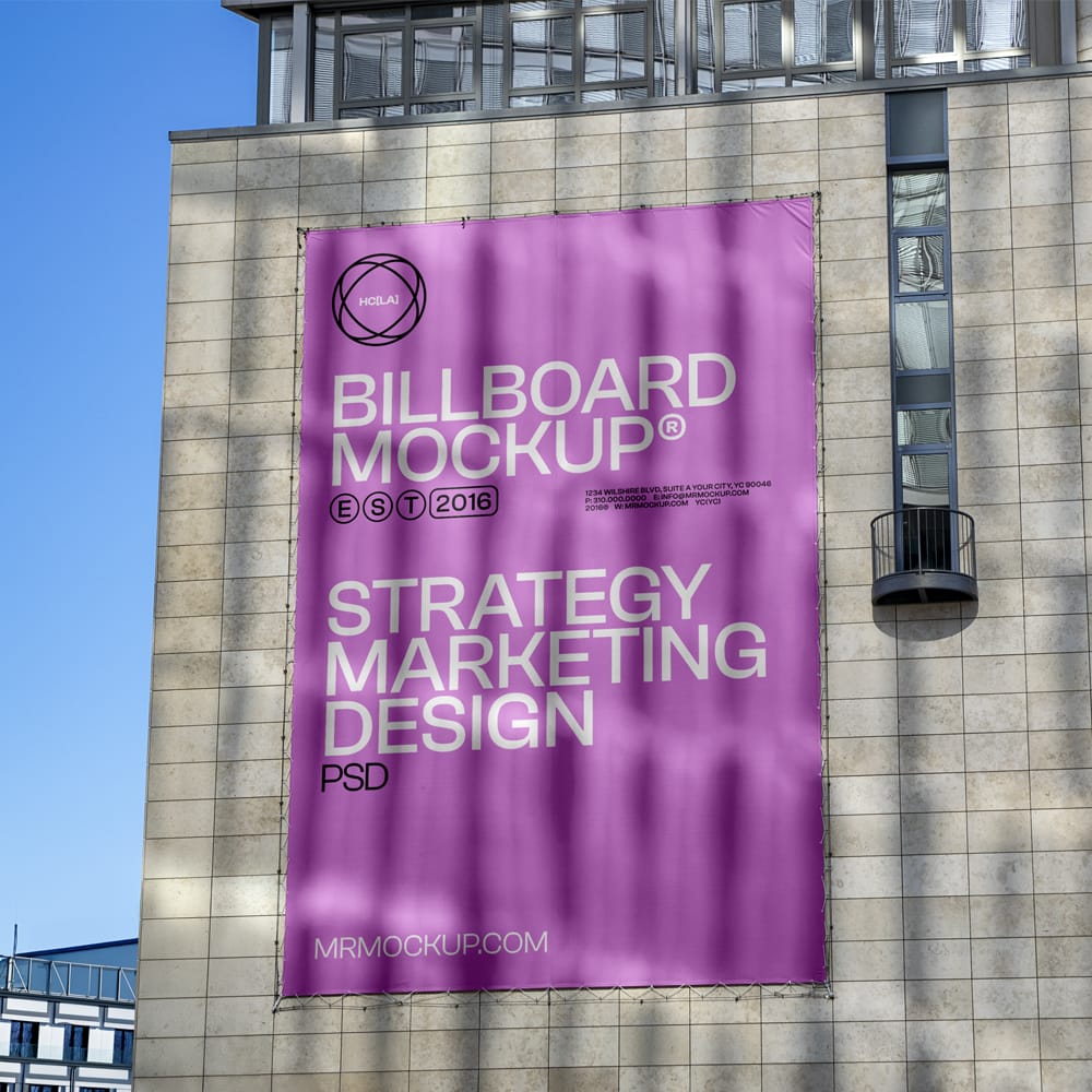 Free Billboard Hanging on Wall Mockup PSD
