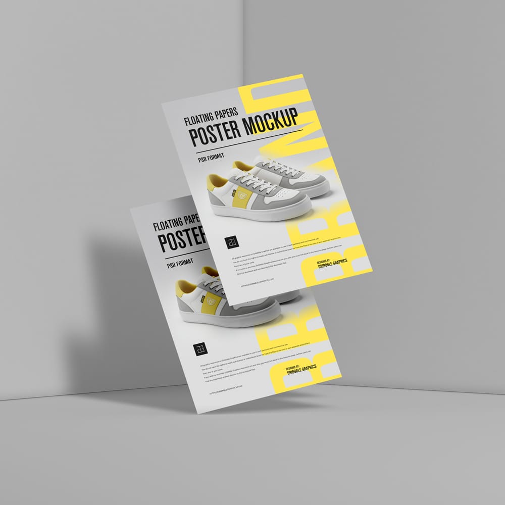 Free Brand Floating Papers Poster Mockup PSD