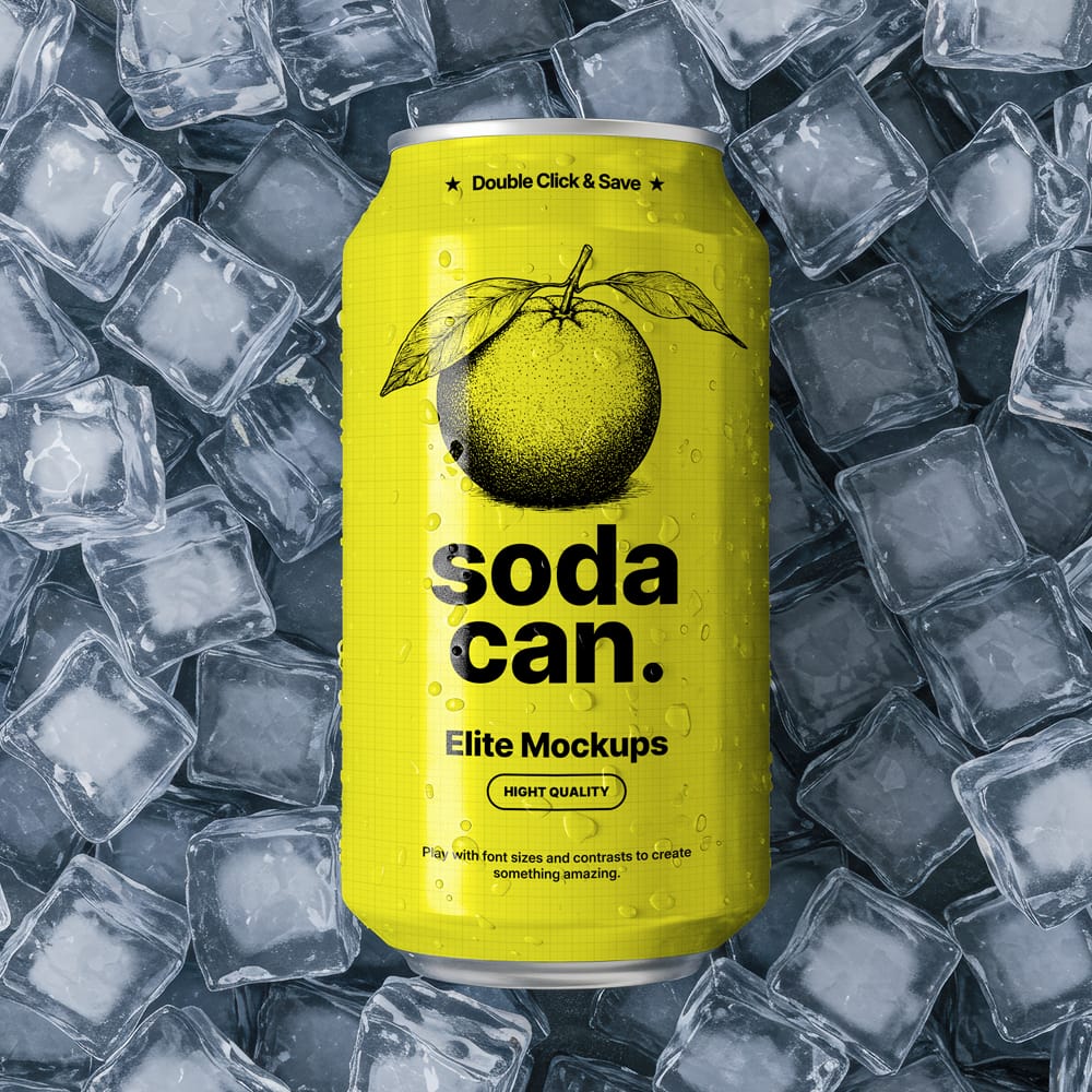 Free Chilled Soda Can Mockup on Ice PSD