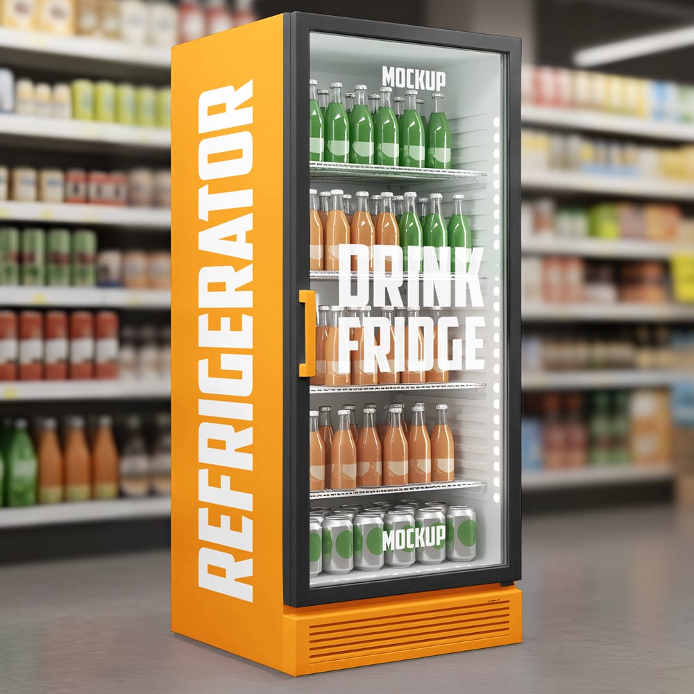 Free Drink Fridge Refrigerator Mockup PSD