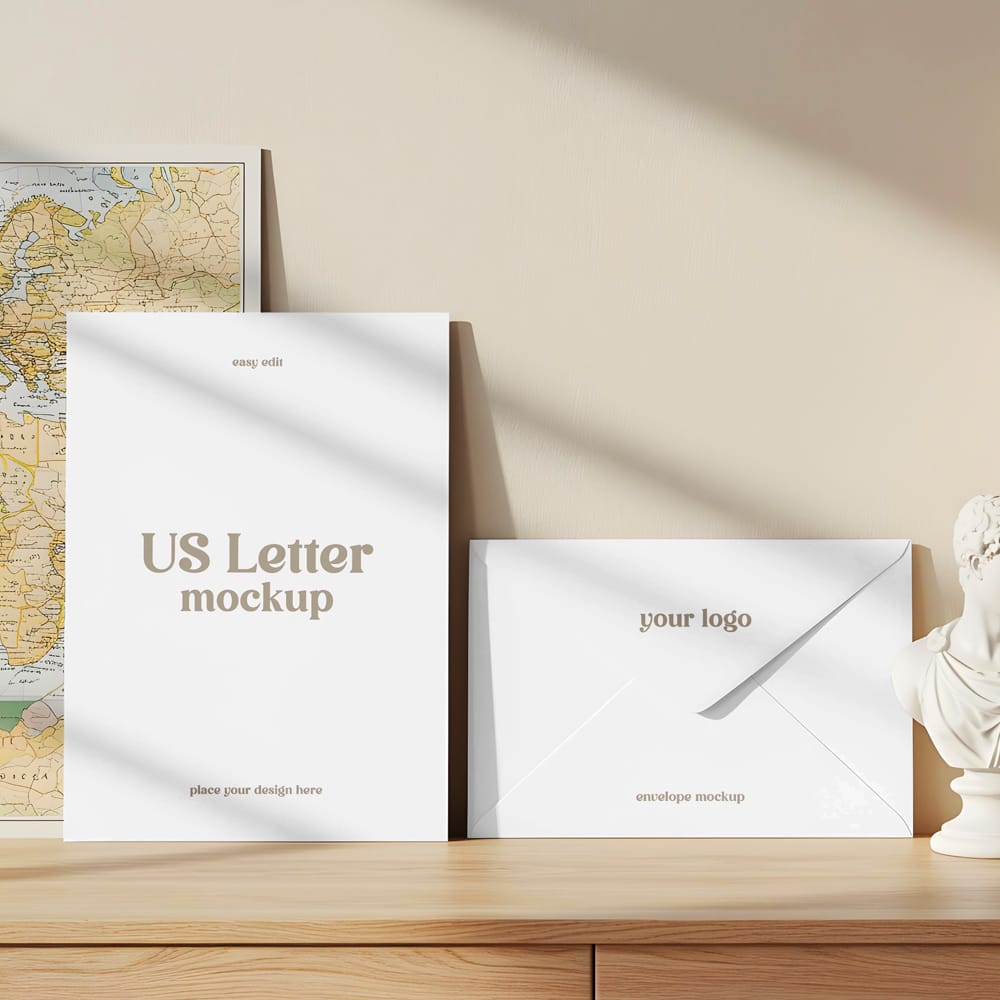 Free Envelope and Papers with Bust Mockup PSD