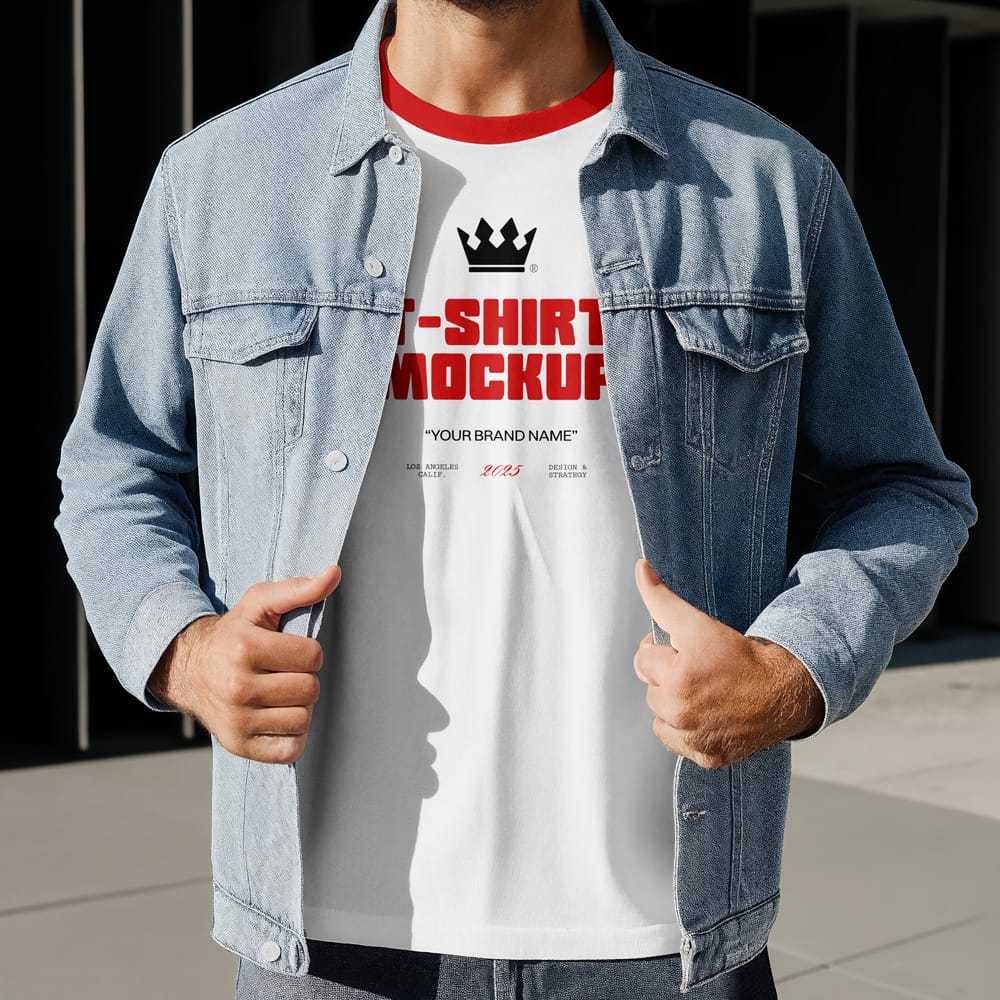 Free Men in Denim Jacket Wearing T-Shirt Mockup PSD