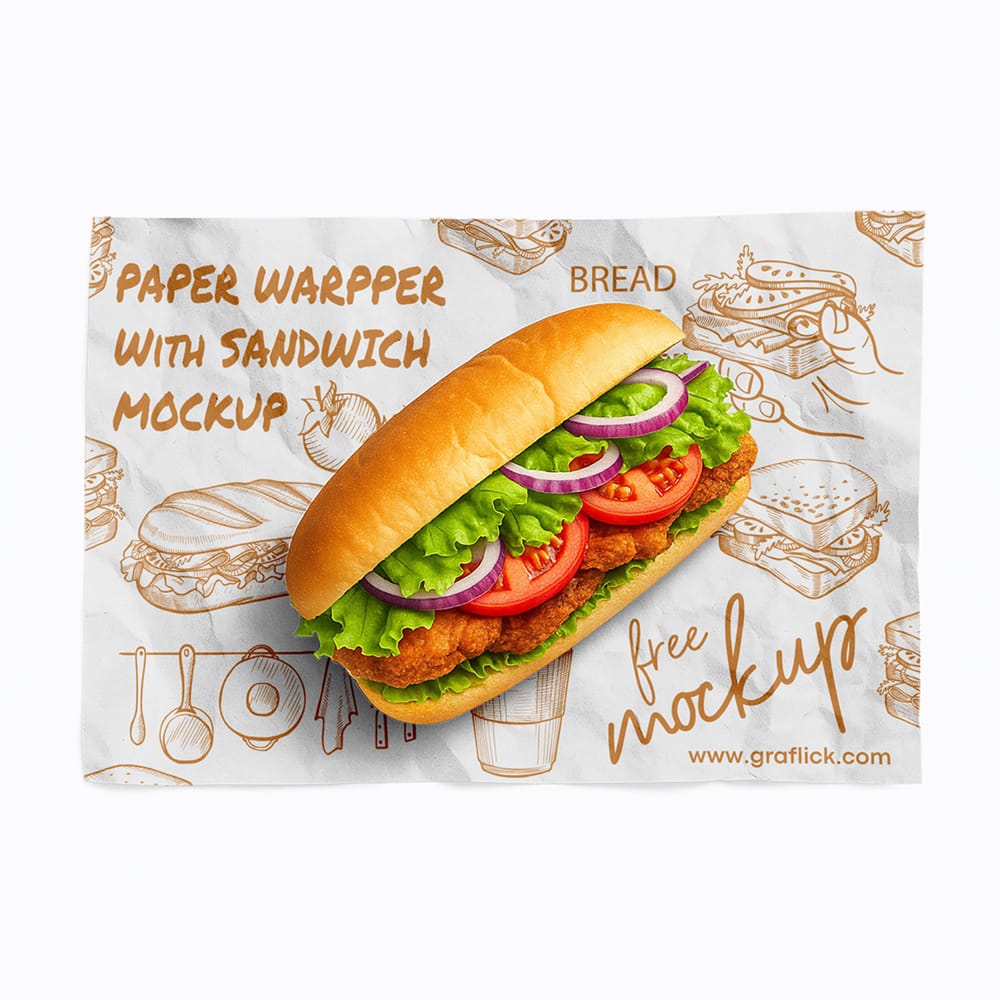 Free Paper Wrapper With Sandwich Mockup PSD