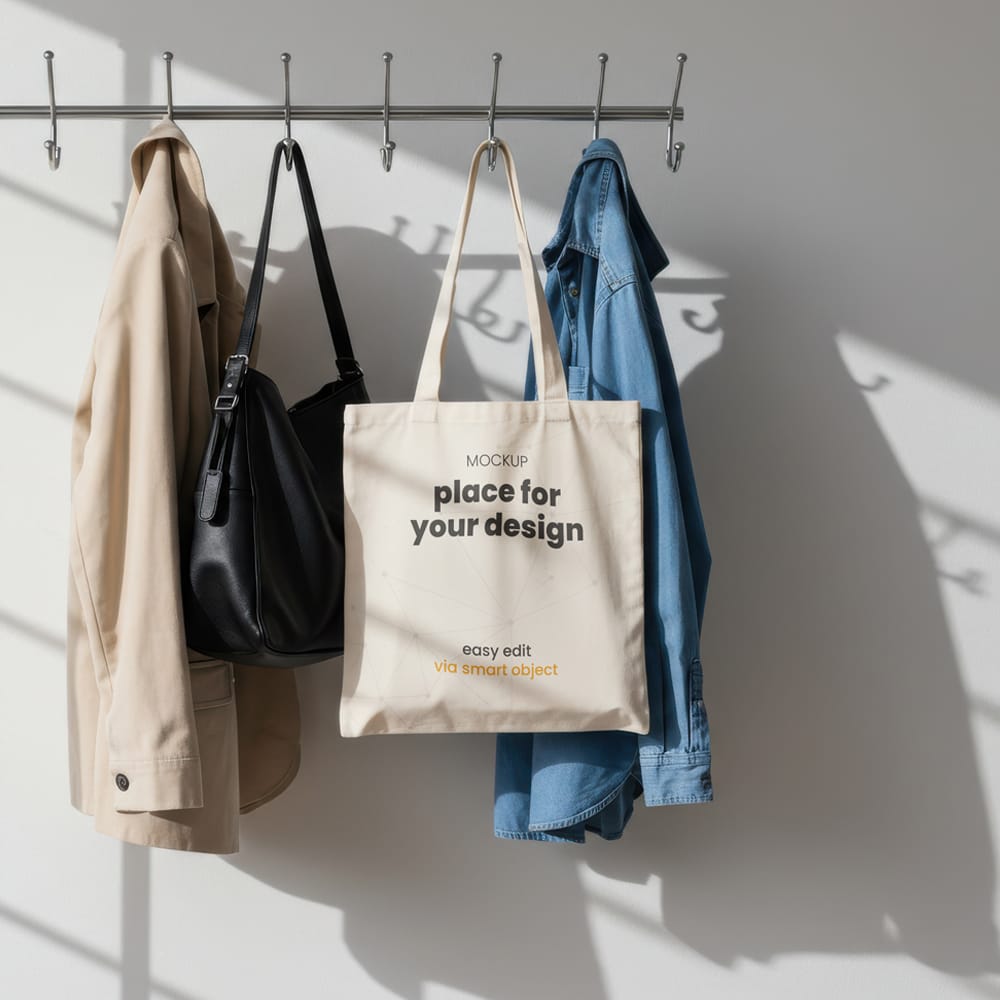 Free Tote Shopping Square Bag Hang with Clothes Mockup PSD