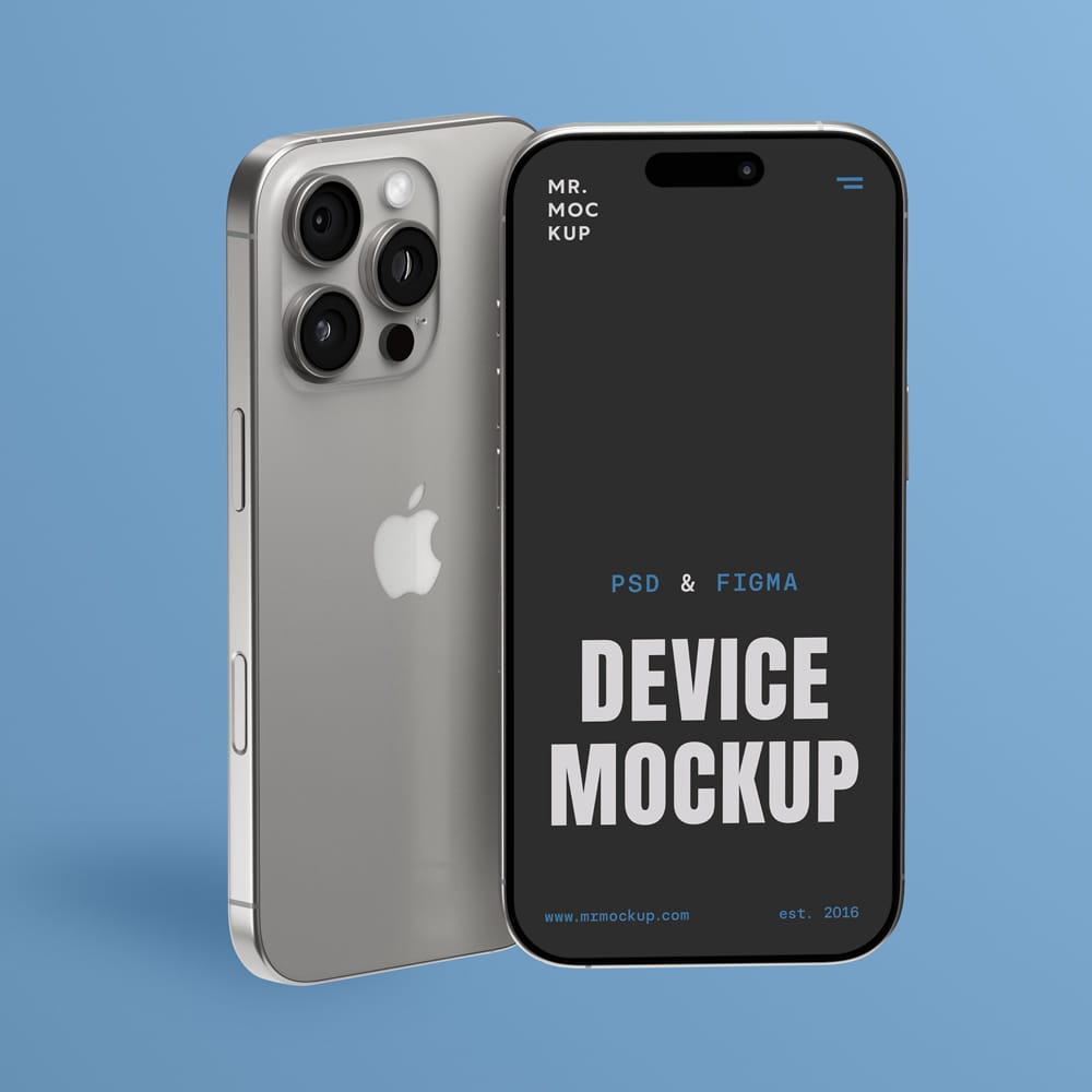 Free Two Standing Front View iPhone 16 Pro Mockups PSD