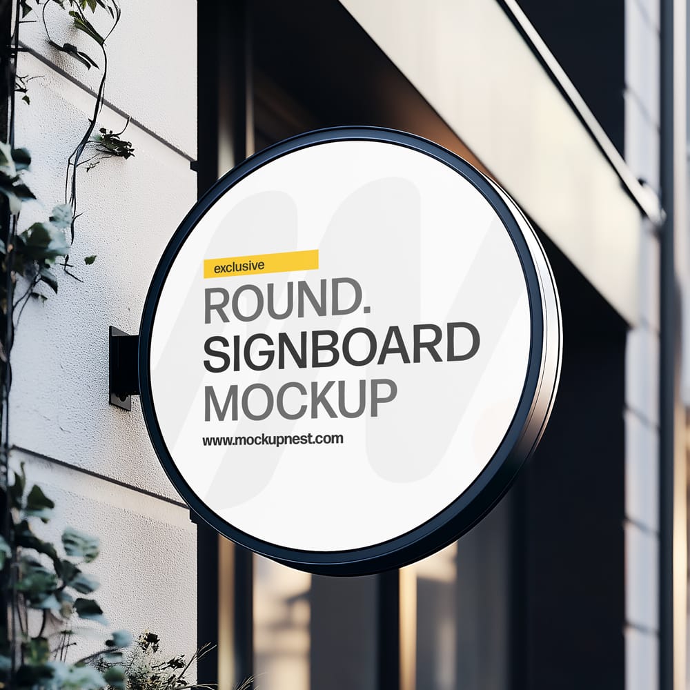 Free Wall-Mounted Round Signboard Mockup PSD