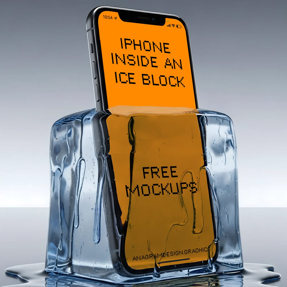 Free iPhone Inside an Ice Block Mockup PSD