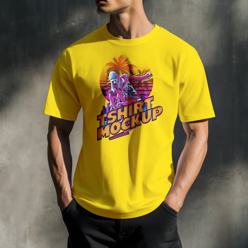 Man Wearing Short Sleeves T-Shirt Mockup PSD