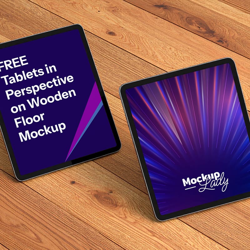 Tablets in Perspective on Wooden Floor Mockup PSD