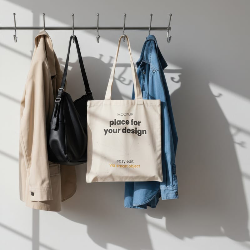 Tote Shopping Square Bag Hang with Clothes Mockup PSD