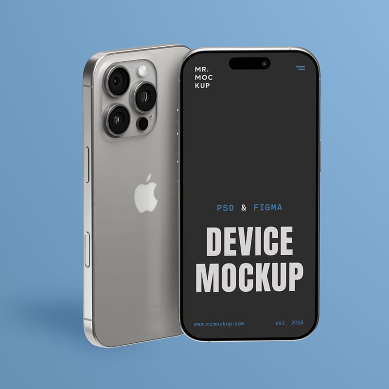 Two Standing Front View iPhone 16 Pro Mockups PSD