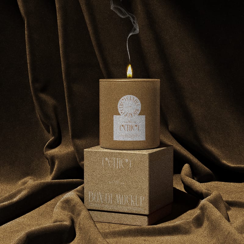 Candle And Box Mockups With Curtains PSD