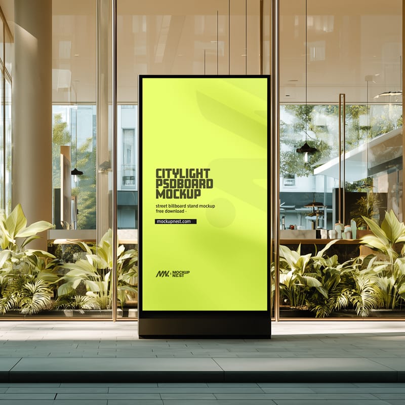 Citylight Board Mockup in Modern Urban Glass Building Environment PSD