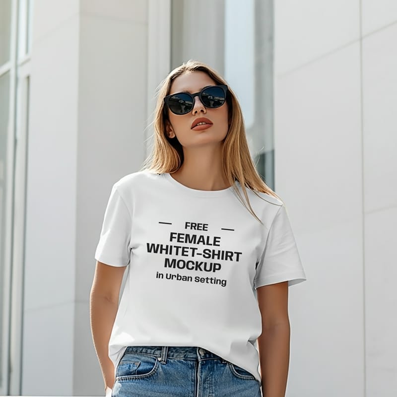 Female White T-Shirt Mockup in Urban Setting PSD