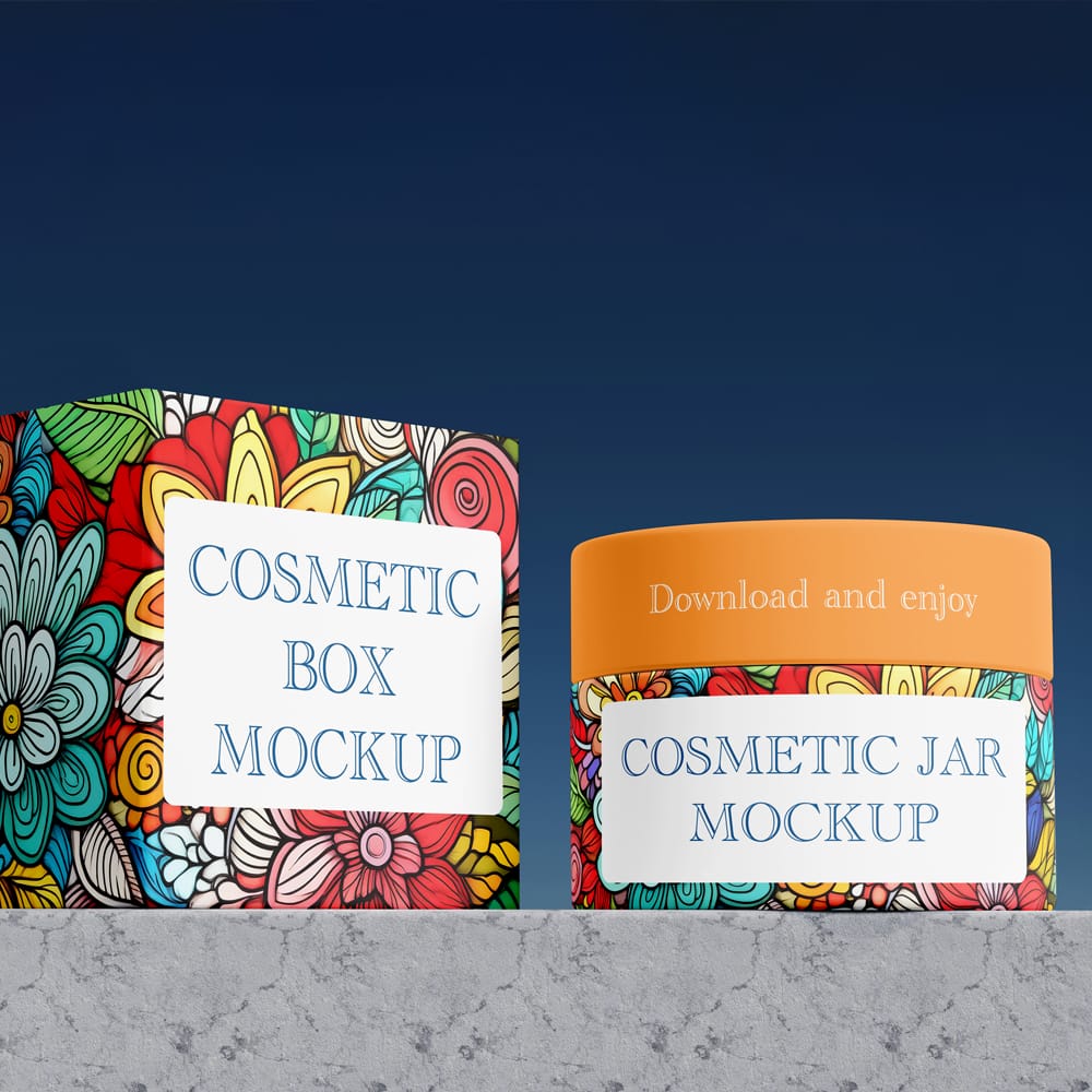 Free Cosmetic Jar with Box Mockup PSD