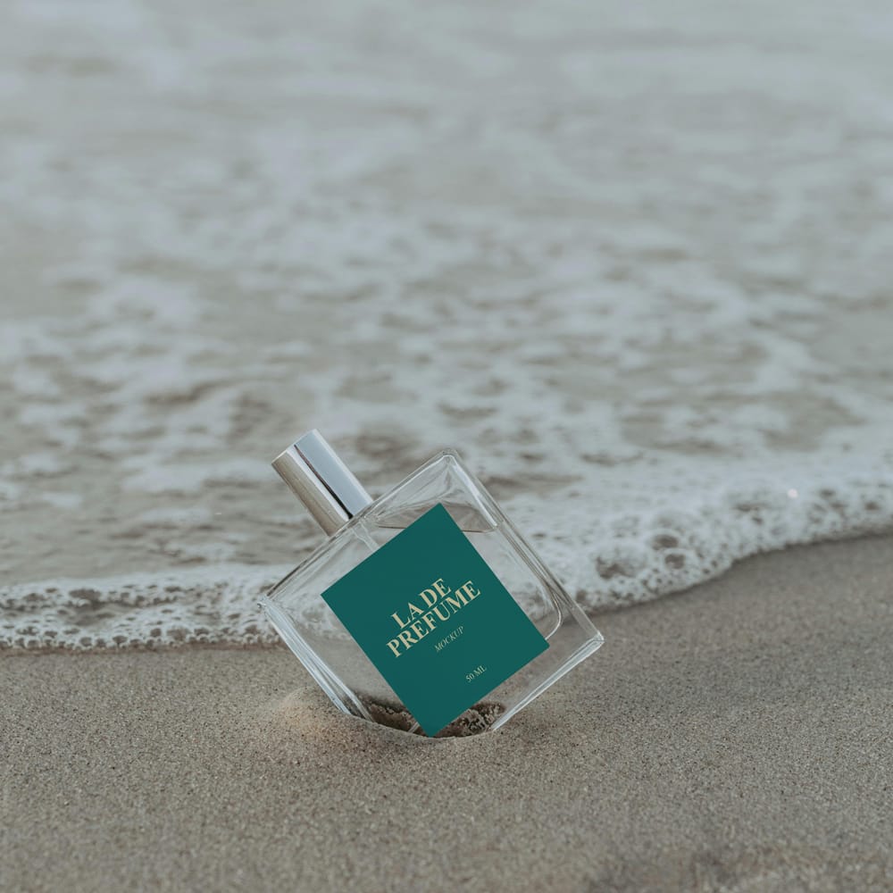 Free Cosmetic Perfume Mockup at the Beach PSD