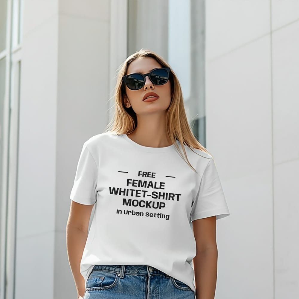 Free Female White T-Shirt Mockup in Urban Setting PSD