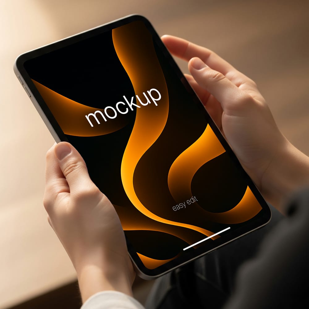 Free Hand Holding iPad Mini Mockup PSD