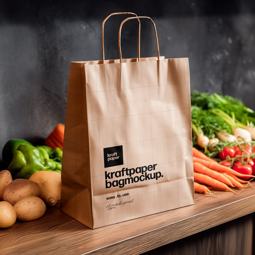 Free Kraft Paper Bag Mockup On Kitchen Table PSD