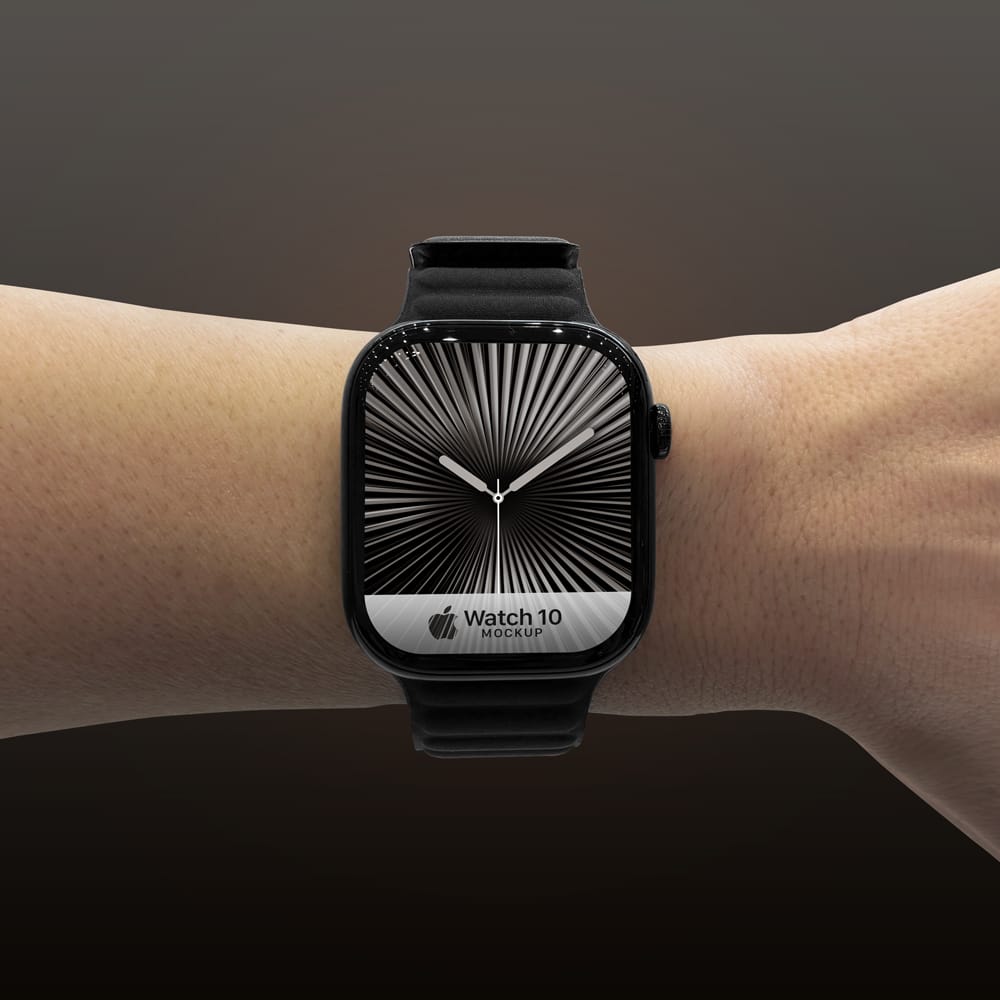 Free On Wrist Black Apple Watch 10 Mockup PSD