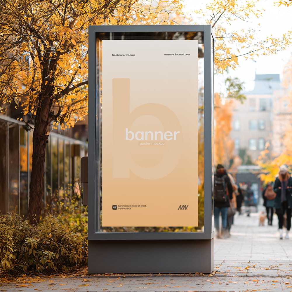 Free Outdoor Citylight Billboard Mockup on Autumn Street Scene PSD