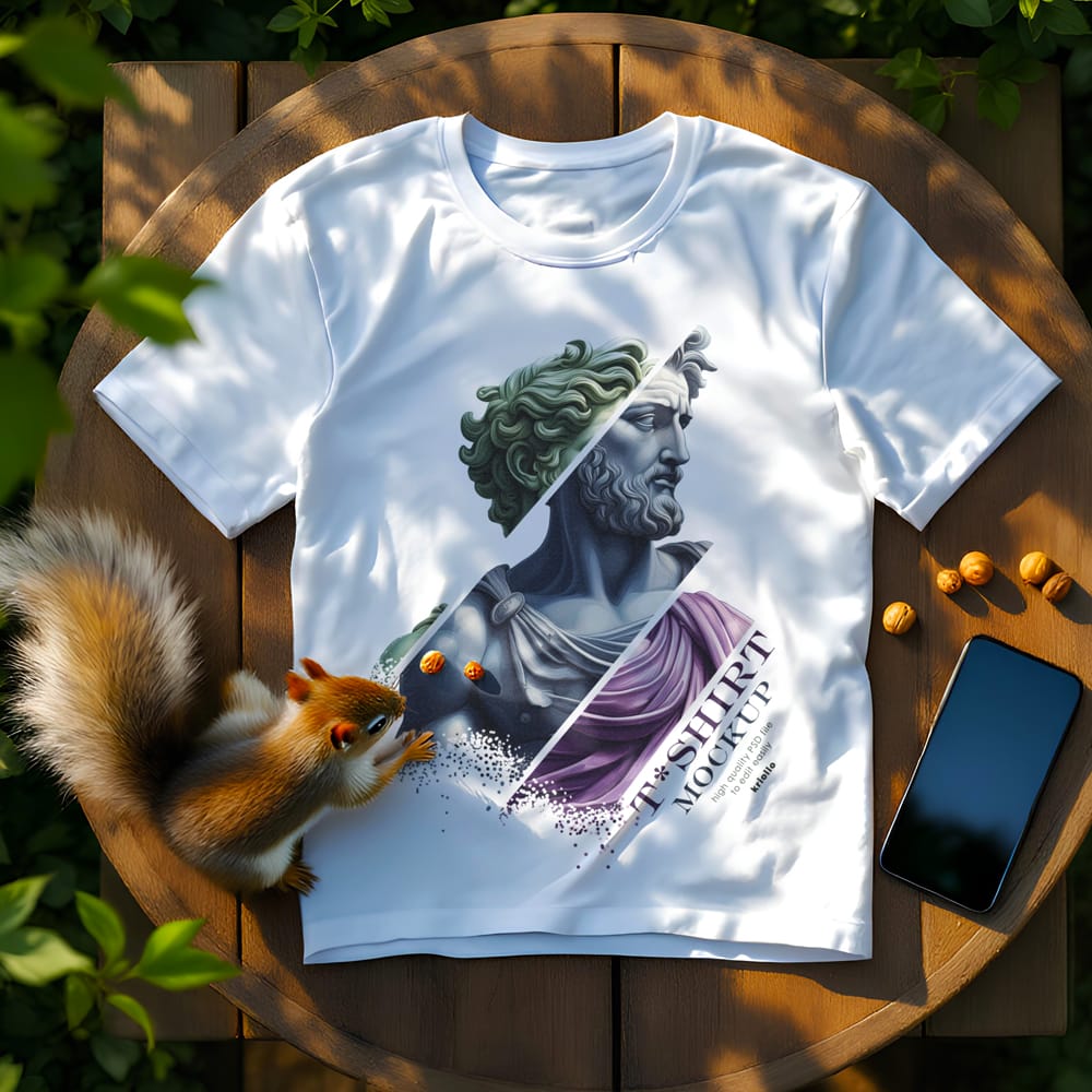 Free Outdoor T-Shirt Mockup on Wooden Table PSD