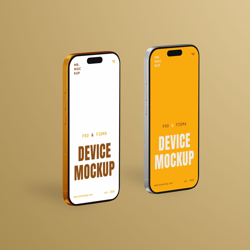 Free Two Standing iPhone 16 Pro Mockups PSD