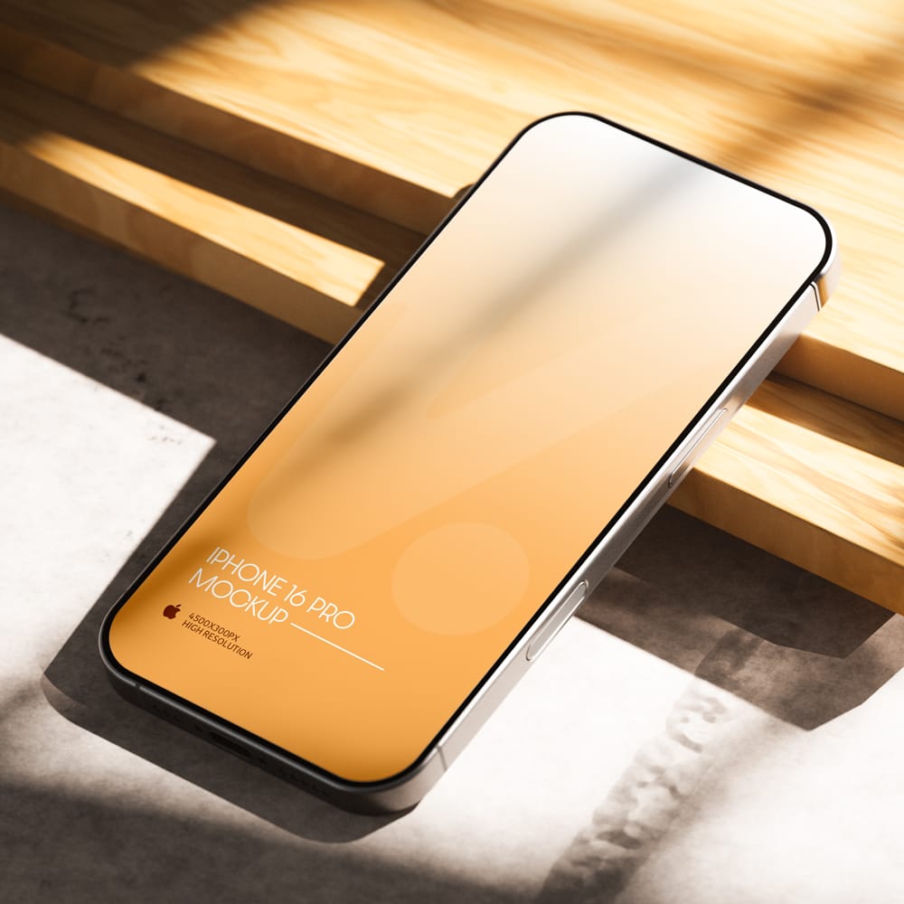 Free iPhone 16 Pro Mockup On Wood PSD