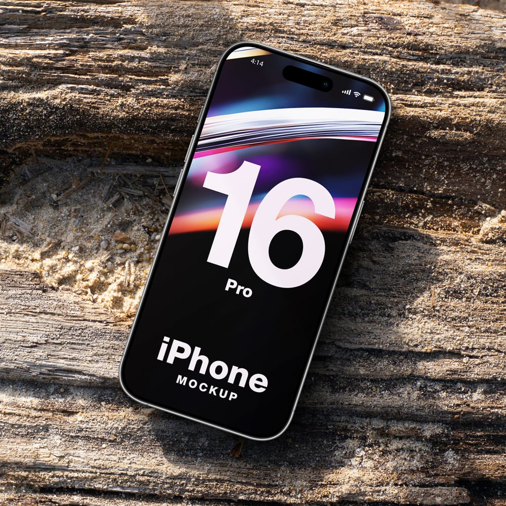 Free iPhone 16 Pro Mockup on Wood Grain Sand PSD