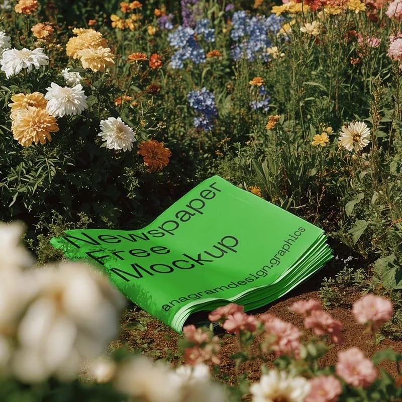 Newspaper Mockup in a Flower Field PSD