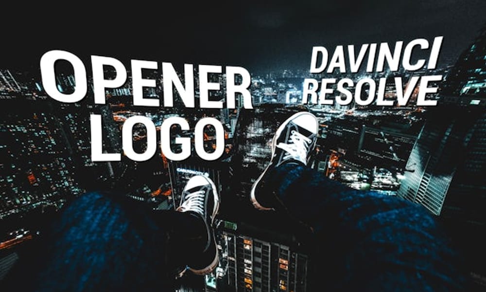 Opener Logo, one of the best free DaVinci Resolve intro templates, showing bold text over a city at night.