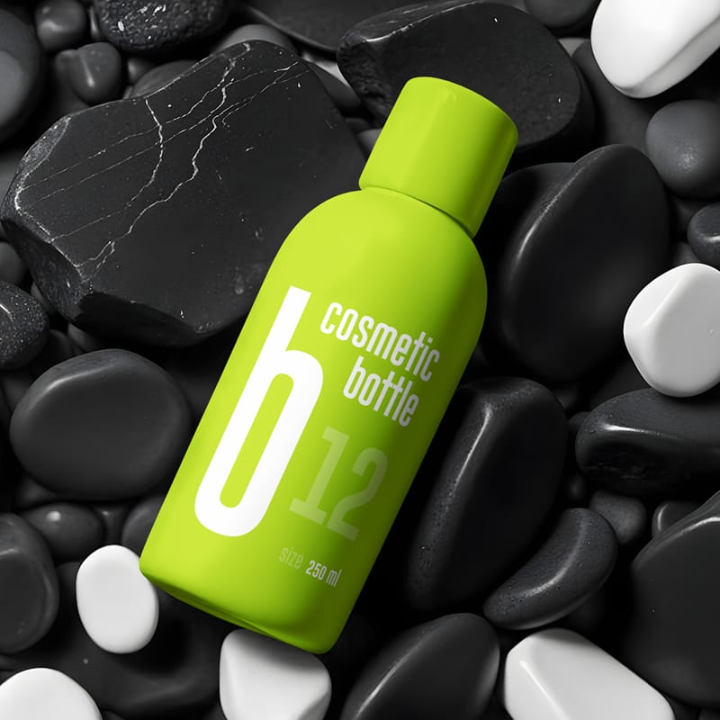 Plastic Cosmetic Bottle on Stones Mockup PSD