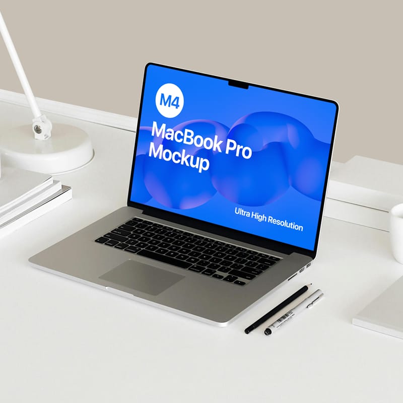 White Workspace M4 MacBook Pro Mockup PSD