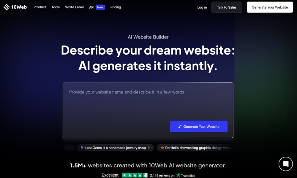 10Web AI WordPress builder dashboard highlighting SEO and site speed optimization features