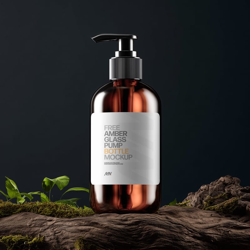 Amber Pump Bottle Mockup on Rustic Wooden Surface PSD