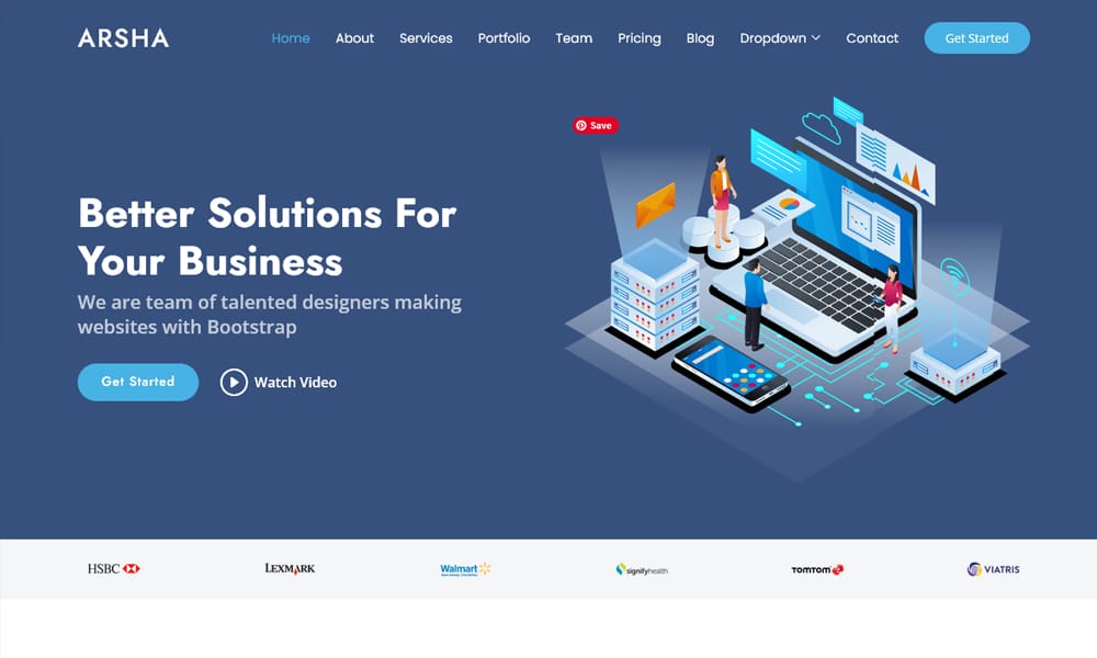 Screenshot of the Arsha Bootstrap 5 business template, showing its professional layout for consulting firms.