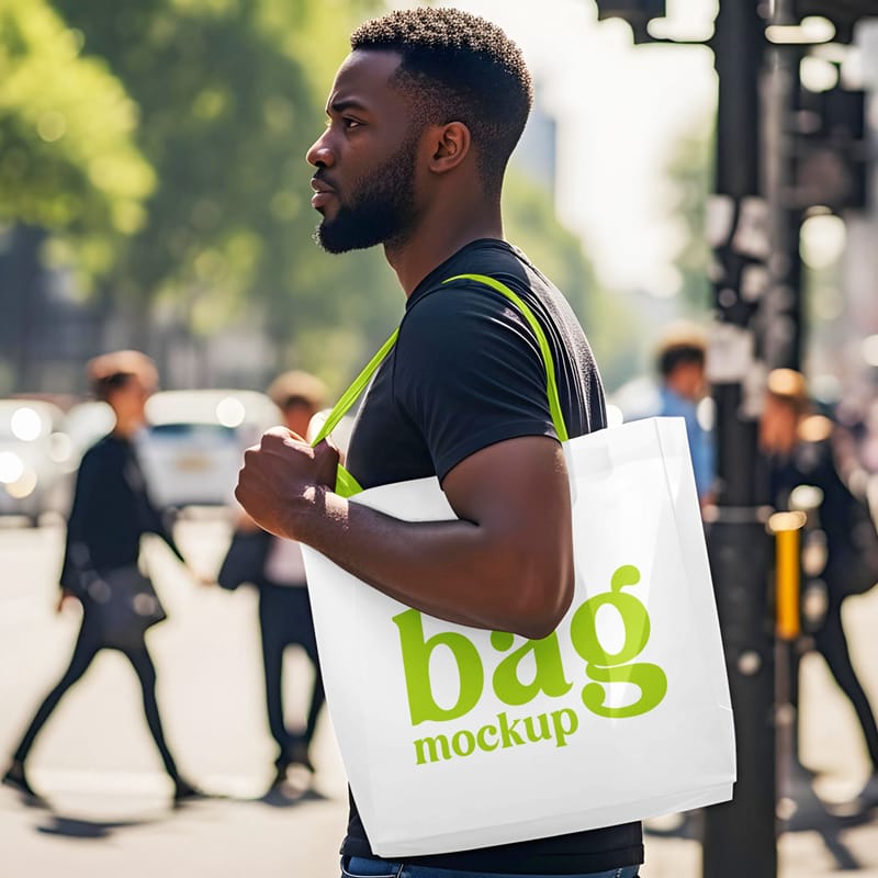 Bag with Men Mockup PSD