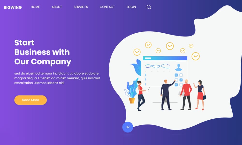 Screenshot of the Bigwing free startup HTML template with friendly illustrations for B2C companies.